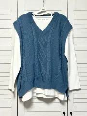 #新品 : 四季 春 ケーブル編み ニット ベスト Indigoブルー