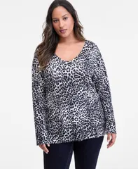 アイエヌシー インターナショナル コンセプト レディース アウター ニット・セーター Vネック プラスサイズ プリント INC International Concepts Plusize Print VNeck TunicSY Cheetah Black ブ