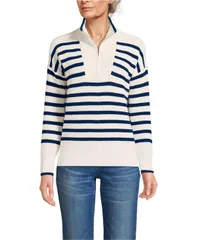 ランズエンド レディース アウター ニット・セーター ハーフジップ コットン Lands End Womens Drifter Cotton Quarter Zipullover Sweater Ivorynavy stripe アイボリー