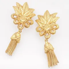 Q712 SONIA RYKIEL ソニアリキエル イヤリング 大ぶり ロゴ リーフ タッセル フリンジ ゴールド デザイン コスチュームジュエリー