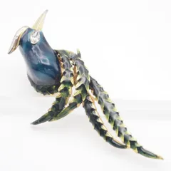 Q734 ブローチ 大ぶり バード ダイヤモンド風 ブルー グリーン エナメル ゴールド デザイン コスチュームジュエリー