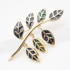 Q763 ブローチ リーフ ブラック グリーン エナメル ゴールド デザイン コスチュームジュエリー