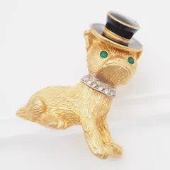 Q748 ブローチ フレンチブルドッグ 犬 帽子 エメラルド風 ラインストーン ブラックエナメル ゴールド デザイン コスチュームジュエリー