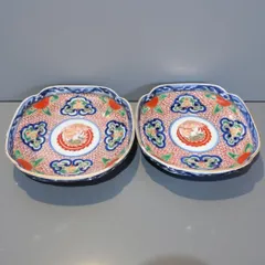 大正時代 手描き 大聖寺伊万里 入隅 小皿 2客揃え 錦手 和食器 アンティーク 豪華 極彩色 （鳳凰・赤玉・唐草）