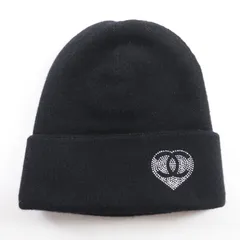 極美品★CHANEL シャネル カシミヤ100％ ココマーク ラインストーン付 ニットキャップ ブラック 箱付き イタリア製 正規品 レディース