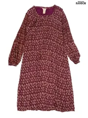 古着 April Cornell エイプリルコーネル リボン 花柄 ロング丈 長袖 ワンピース 赤 ボルドー (otu2601023)