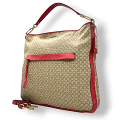【美品】コーチ COACH マディソン ニードルポイント オプアート 2WAY ショルダーバッグ ハンドバッグ 斜め掛け キャンバス レザー ベージュ 赤 レッド 27904 A4収納可 軽量 カジュアル レディース 鞄 カバン E5
