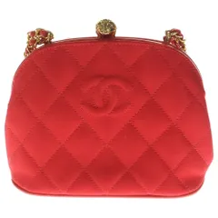 CHANEL (シャネル) がま口 チェーン ショルダーバッグ レッド サテン ゴールド金具