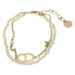 Christian Dior (クリスチャンディオール) CDロゴ スター ラインストーン チャーム パール チェーン ブレスレット ホワイト×ゴールド