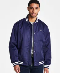 チャンピオン メンズ アウター ジャケット・ブルゾン ロゴ ジャケット Champion Mens Classic Logo StripedTrim Varsity Jacket Peacoat Navy ネイビー