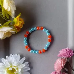 ハンドメイドビーズブレスレット／オレンジ×ブルー×シルバーアクセント／17cm／ユニセックス