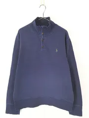 古着 Polo Ralph Lauren ワンポイント ソリッド ハイネック ハーフボタン スウェット トレーナー 紺 L 古着 