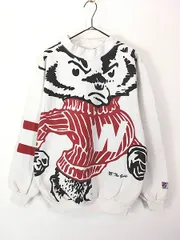 古着 90s Canada製 Wisconsin バッキー 両面 特大 プリント モックネック スウェット トレーナー M 古着 