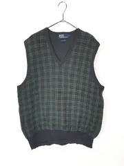 古着 90s Polo Ralph Lauren トラッド チェック Vネック コットン ニット ベスト XL 古着 