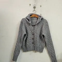 グレー ケーブル編み WHO フード ニット カーディガン