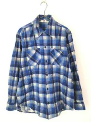 古着 70s Wrangler 好配色 ブルー チェック プリント ライト フランネル コットン シャツ ネルシャツ L 