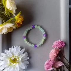 ハンドメイドビーズブレスレット／ライトグリーン×パープル／16cm／レディース