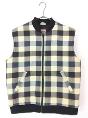 古着 80s Dickies ブラック × ブルー × ホワイト ブロック チェック パデッド コットン ワーク ベスト L 
