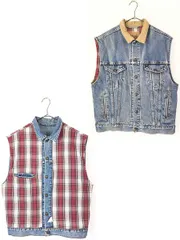 古着 90s USA製 Levi's 70594-4849 チェック × デニム リバーシブル トラッカー ベスト Gジャン M 