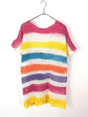 レディース 古着 90s USA製 レインボー ボーダー 後染め レース編み ネット 半袖 トップス L位 古着