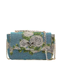 シンクビー 薔薇 バラ レオパード 斜め掛け チェーン ショルダーバッグ ブルー ベージュ コットンキャンバス ラインストーン レディース thinkbee【228-04104】