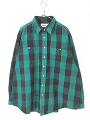 古着 90s St John's Bay グリーン × ブラック ブロック チェック ヘビー フランネル シャツ ヘビネル 2XL-BIG TALL 