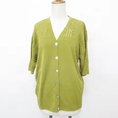 partout カーディガン ニット 半袖 五分袖 Vネック 切替 前開き 透かし編み 緑 グリーン オリーブ F