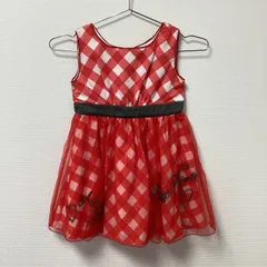 古着　mezzo piano　メゾピアノ　ギンガム　ウエストリボン　チュール　チェック　ノースリーブワンピース　キッズ　120サイズ　ドライ　レッド　赤　ホワイト　白　ガーリー　発表会