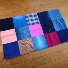 23☆USEDデニムリメイク☆マルチカバー☆48×82センチ☆パッチワーク☆インテリア☆ペット用マット☆古着リメイク☆