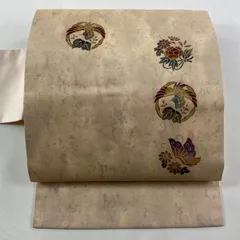 【在庫一掃】 名古屋帯 秀品 鳥 草花 箔 螺鈿 ピンクベージュ 正絹 【中古】