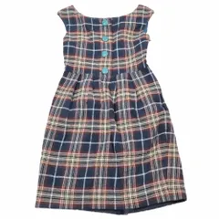 美品 Lois CRAYON ロイスクレヨン タータンチェック ノースリーブ ワンピース ハーフ 膝丈 フレアスカート M ネイビー レッド レディース 古着 中古 USED