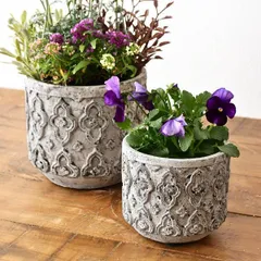 植木鉢 プランター セメント アンティーク シャビー 5号 4号 相当 φ15.5cm φ11.5cm 寄せ植え グリーン フラワーポット 花鉢 底穴あり グレー おしゃれ ヨーロピアン クラシック アラベスク模様 セメント製のシリンダーポット 2点セット