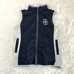 【Callaway】フード付きナイロンベスト ／レディース Lサイズ ネイビー 総柄 ジップアップ ゴルフウェア 美品