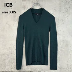 美品 iCB アイシービー ダークグリーン系 Vネック リブニット プルオーバー XXS ウール 100% オンワード樫山 長袖 カットソー トップス ストレッチ タイト スリム 無地 カジュアル きれいめ オフィス 上品 ★ ◇■