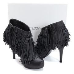 KEITA MARUYAMA Fringe Leather Heel Shoes, Black, Size 24