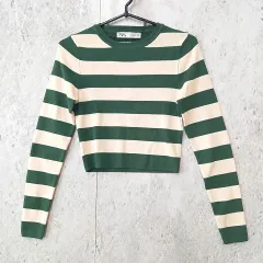 ZARA ザラ クロップド ニット ボーダー トップス タイト リブニット ショート丈 グリーン アイボリー Mサイズ ◎、〇◇☆
