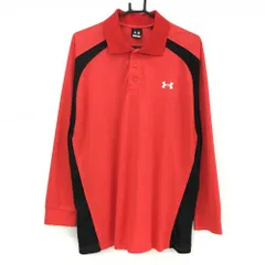 【美品】アンダーアーマー 長袖ポロシャツ レッド×黒 ロゴプリント メンズ XL ゴルフウェア UNDER ARMOUR