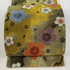 【在庫一掃】 袋帯 秀品 振袖向き 桜 花びら 金糸 箔 金色 六通 正絹 【中古】