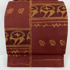 【在庫一掃】 【美品】 袋帯 秀品 紬地 動物 草花 赤茶 六通 正絹 【中古】