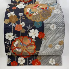 【在庫一掃】 袋帯 秀品 桜 蝶 唐織 箔 銀色 六通 正絹 【中古】