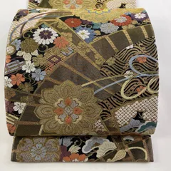 【在庫一掃】 【美品】 袋帯 秀品 扇面花華文 金糸 箔 金色 六通 正絹 【中古】
