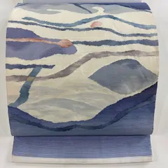 【在庫一掃】 袋帯 秀品 紬地 関西仕立て 山並み 波 クリーム お太鼓柄 正絹 【中古】