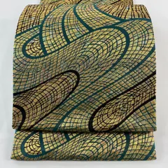 【在庫一掃】 袋帯 秀品 鈴乃屋 幾何学模様 流水 箔 金色 全通 正絹 【中古】