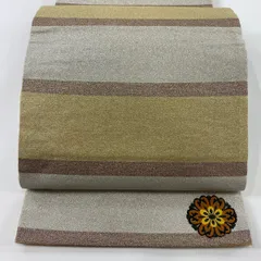 【在庫一掃】 【美品】 袋帯 秀品 段縞 ワンポイント柄 箔 薄黄土色 六通 正絹 【中古】