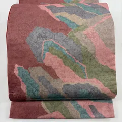 【在庫一掃】 【美品】 袋名古屋帯 秀品 幾何学模様 赤紫 正絹 【中古】