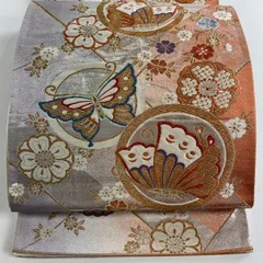 【在庫一掃】 袋帯 秀品 関西仕立て 蝶 桜 刺繍 金糸 サーモンピンク 六通 正絹 【中古】