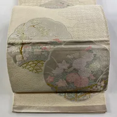【在庫一掃】 袋帯 秀品 草花 七宝繋ぎ 唐織 金糸 ベージュ 六通 正絹 【中古】