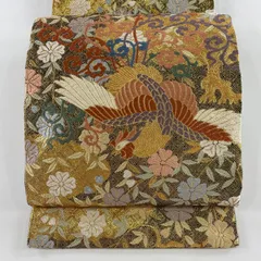 【在庫一掃】 袋帯 秀品 鳳凰 花唐草 金糸 唐織 金色 六通 正絹 【中古】