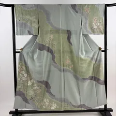 【在庫一掃】 訪問着 身丈154.5cm 裄丈63cm S 袷 滝泰 落款 辻ヶ花 松梅 金彩 ぼかし 灰緑 正絹 逸品 【中古】