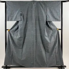 【在庫一掃】 結城紬 身丈158cm 裄丈64cm M 袷 はたおり娘 奥順 証紙 草花 亀甲絣 灰緑 正絹 逸品 【中古】